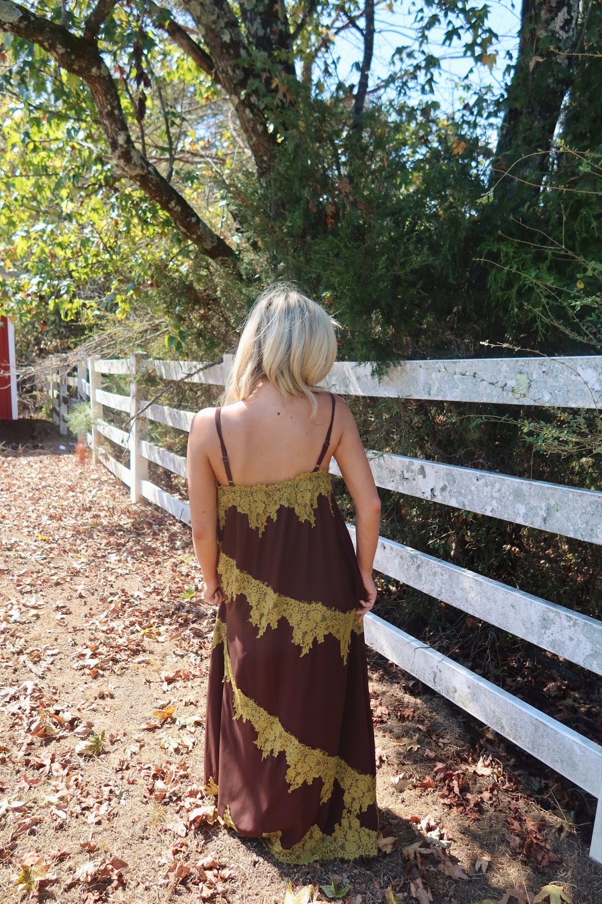 Maren Contrast Lace Trim Maxi Dress (brown & green)