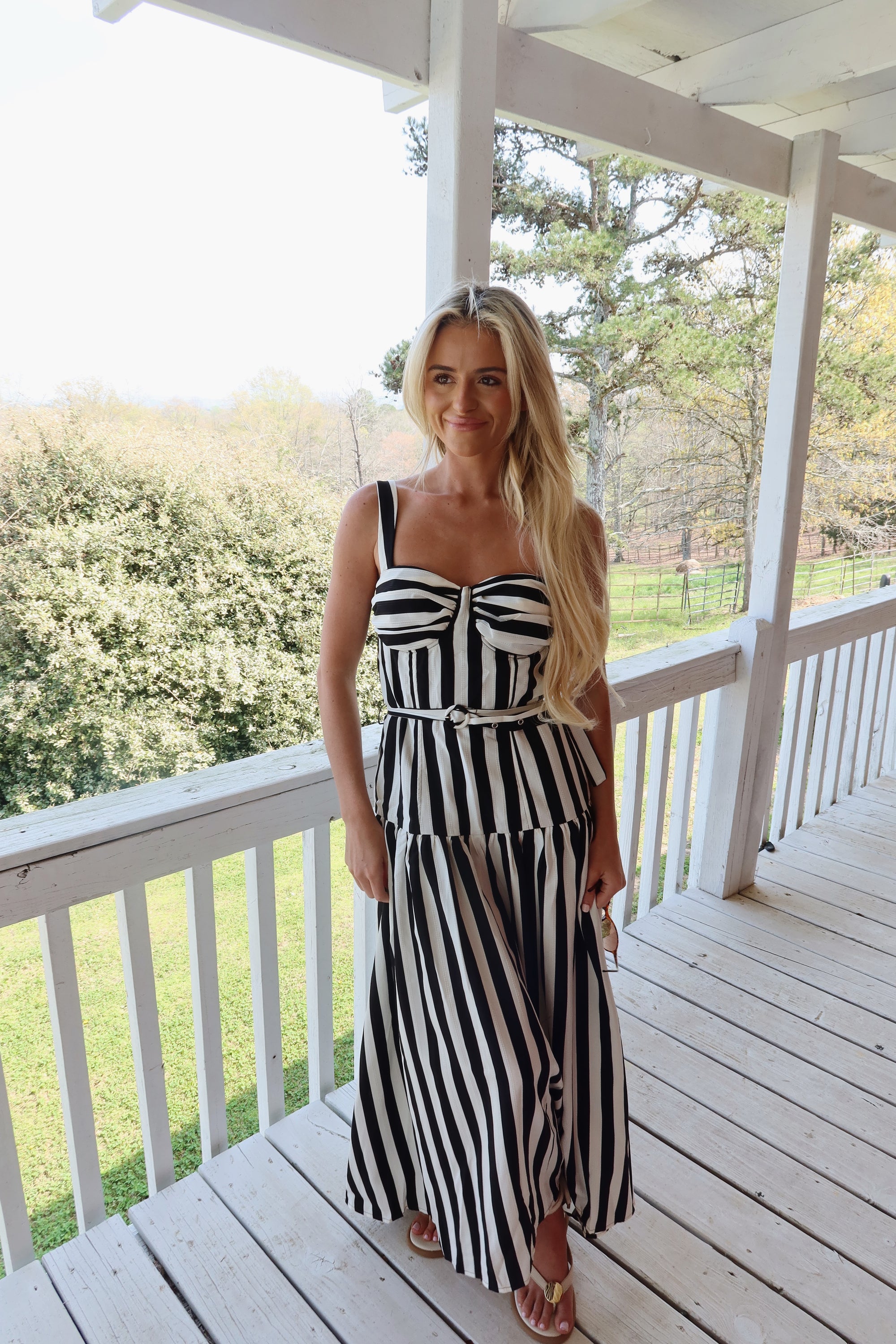The Monaco Striped Belted Midi Dress