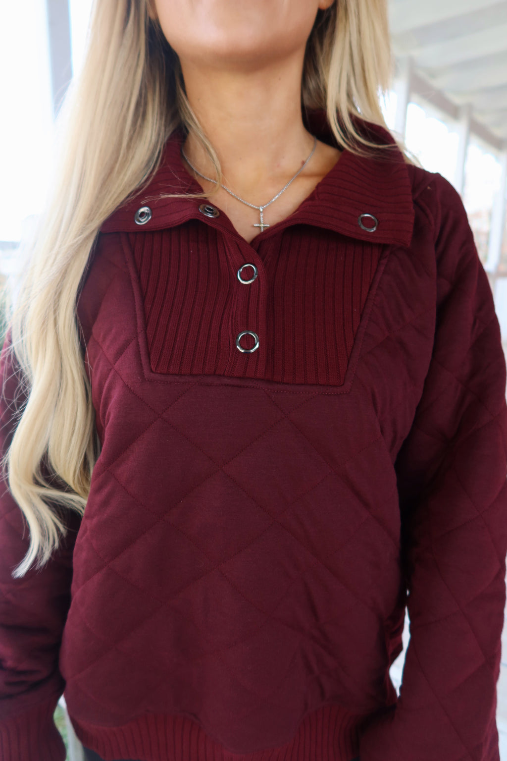 Dark Cherry Quilted Snap Pullover