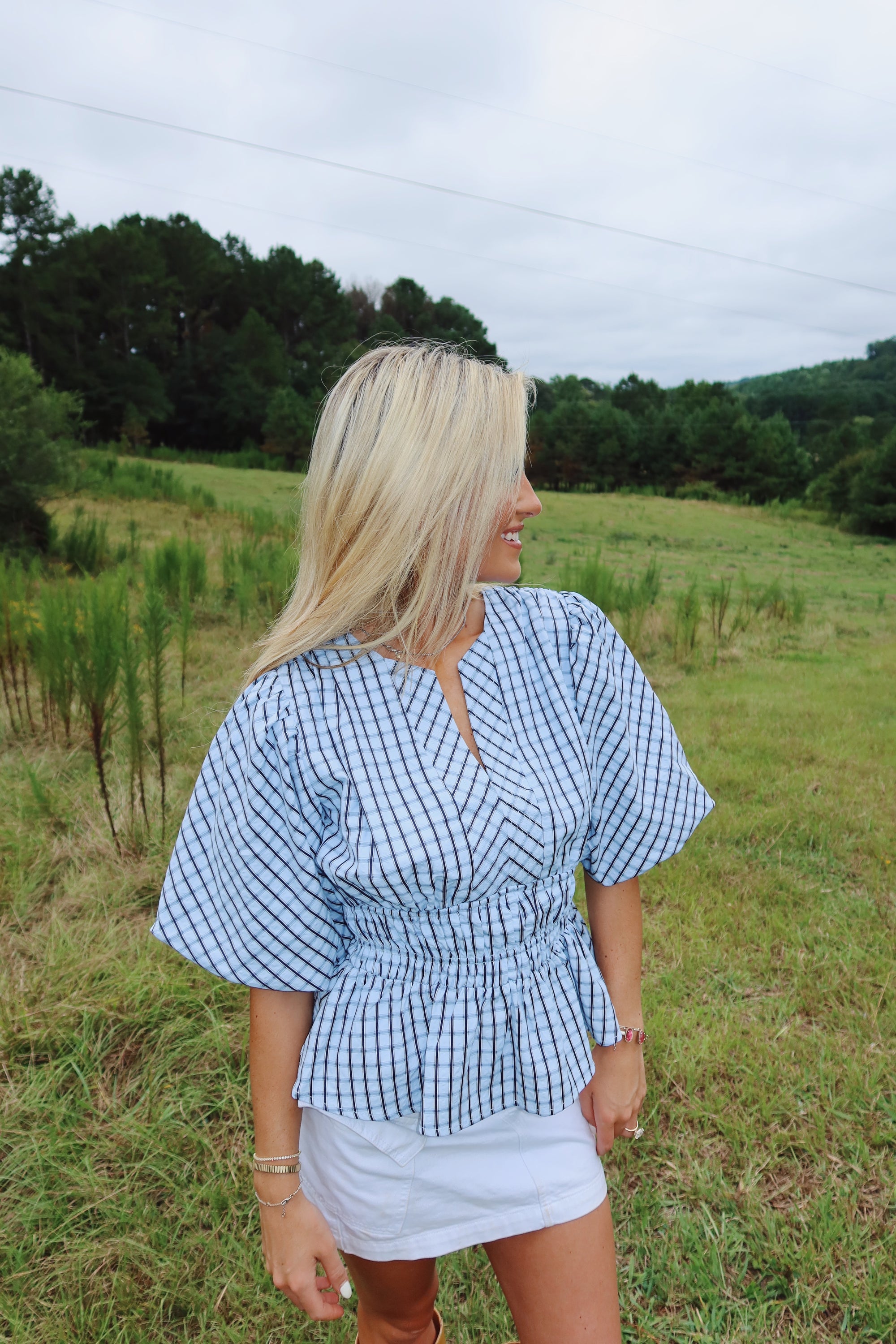 Checkered Puff Sleeve Blouse