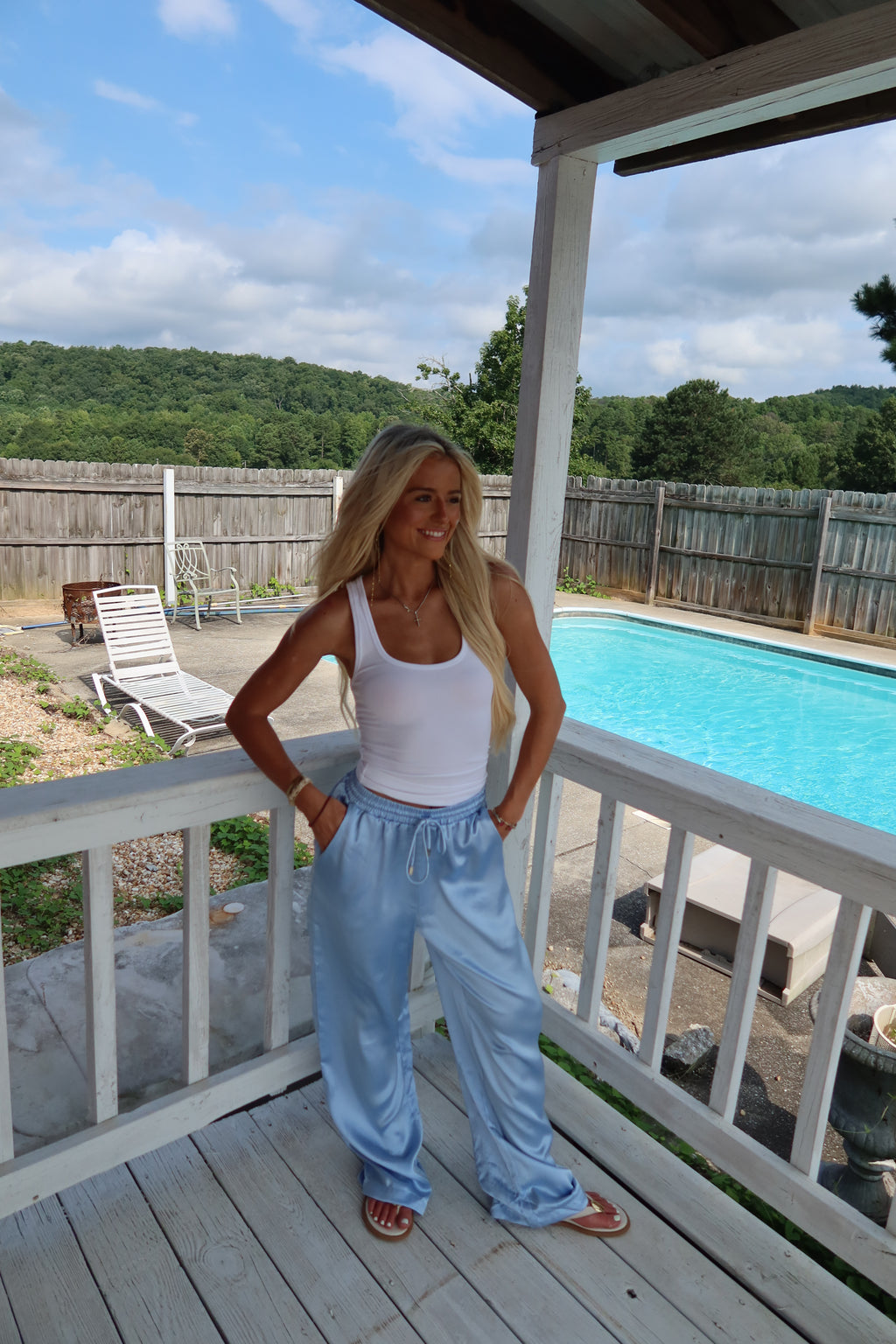 Satin Waist Tie Pants- blue